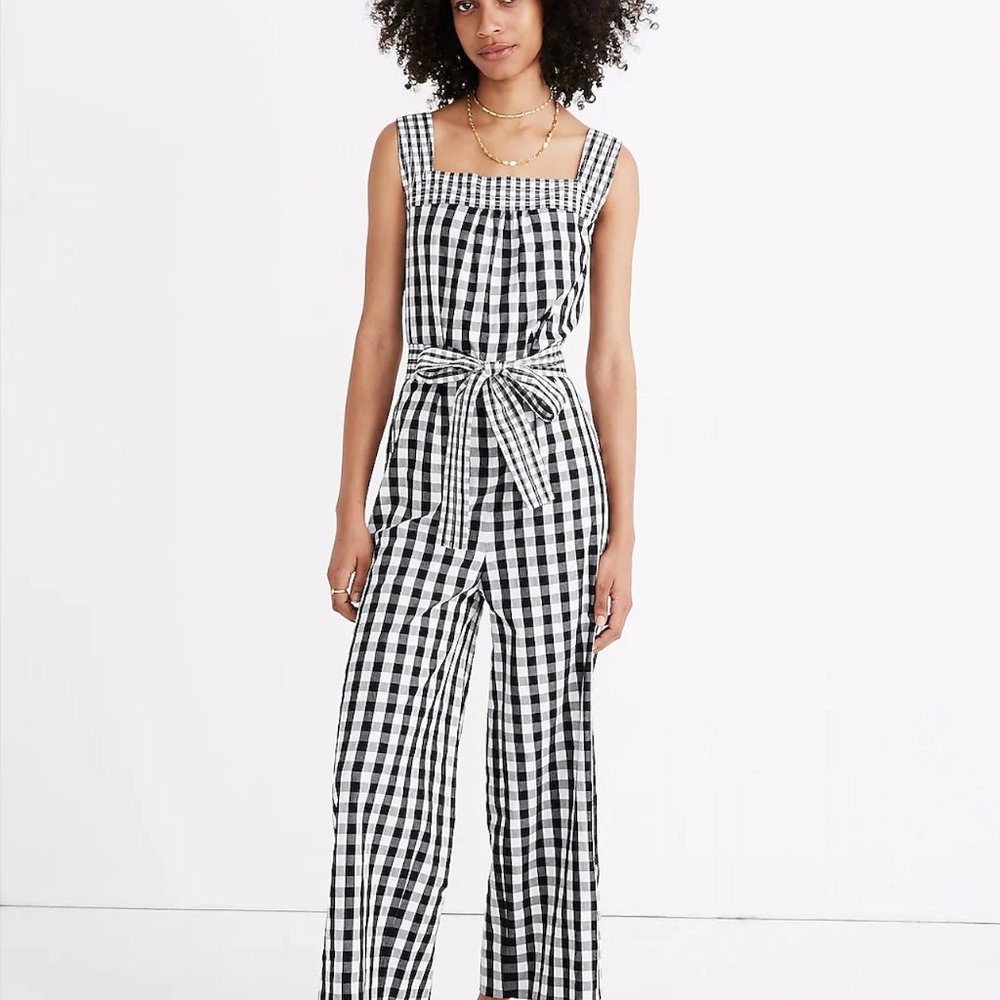 Madewell Tie-Waist Wide-Leg Jumpsuit in Gingham Mix